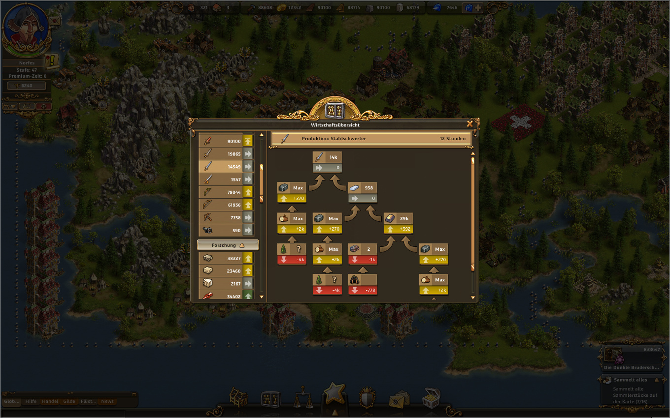 Die Siedler Online Gameplay Screenshot: Wirtschaftszweig der Stahlschwerter.